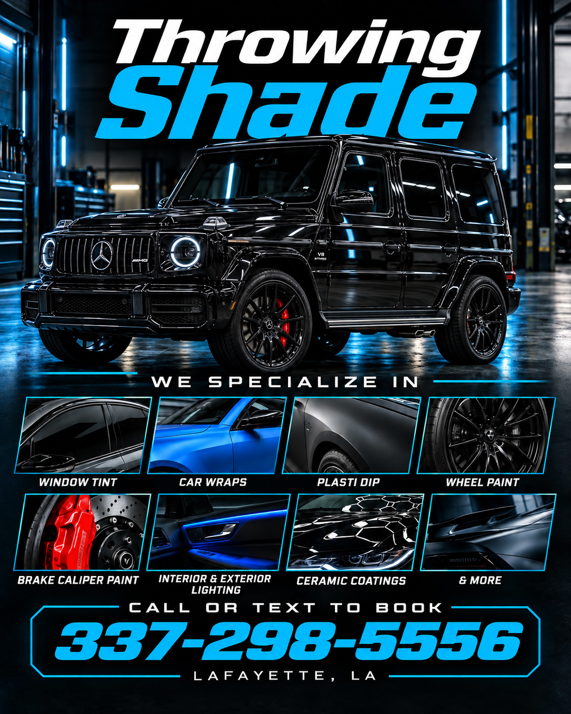 Throwing Shade promotional artwork featuring a black G-Wagon under cyan shop lights